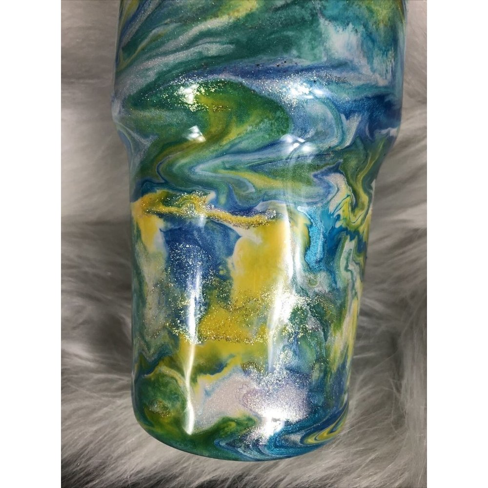 32 Ounce Tumbler Hand Painted Teal’s Blues Yellows Pearls & Glitter Lid Custom - Picture 3 of 16